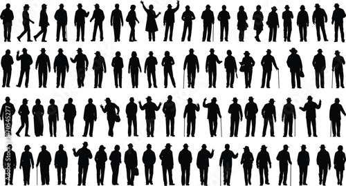 Black Silhouette Collection of Elderly People and Seniors Walking with Canes, Mature Adults Vector Set for Retirement Aging and Community