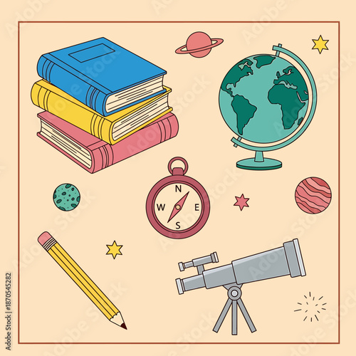 Educational objects for learning and exploration, including books, globe, compass, and telescope.