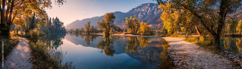 Obraz premium Tranquil autumn landscape features calm water reflecting surrounding mountains and foliage