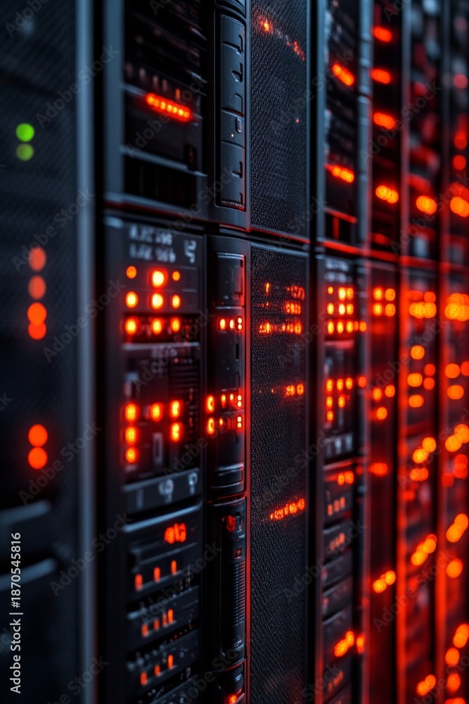 Obraz premium Close-up of a server farm with illuminated hard drives