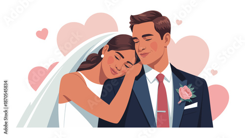 Eternal Bond: A tender moment of marital bliss is captured as a newlywed couple embraces, their hearts intertwined amidst gentle pink hearts, celebrating their commitment to each other.