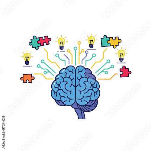 Illustration of a blue brain with colorful puzzle pieces and lightbulbs on a white background, symbolizing ideas and creativity.