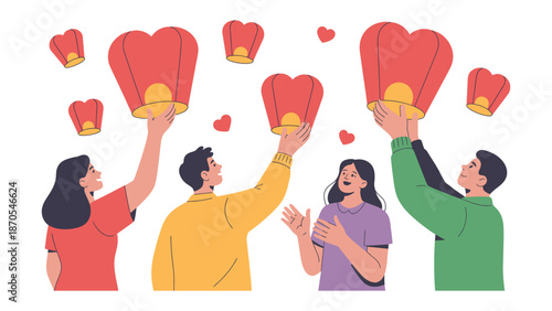 Sky Lanterns of Love: People sending the lanterns to the sky, symbolizing love, wishes, and hope against the beautiful sky.