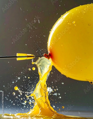 Arrow pierces yellow balloon, liquid bursts, creating splash against a gray backdrop in sharp focus