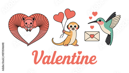 Valentine's Day Illustration: A charming, whimsical composition captures the spirit of Valentine's Day through cute animal characters, evoking feelings of love and affection. 