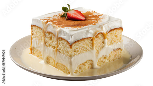 Delicious slice of tres leches cake dripping with sweet cream topping and fresh strawberry on top on transparent background