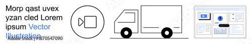 Communication, technology, logistics, delivery services, digital tools, user interface design. A video icon, a delivery truck and a screen layout displayed. Communication and technology concept