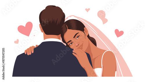 Everlasting Bond: The silhouette of a newlywed couple, tenderly embracing, embodies a promise of forever, set against a backdrop of soft hearts symbolizing their enduring love.