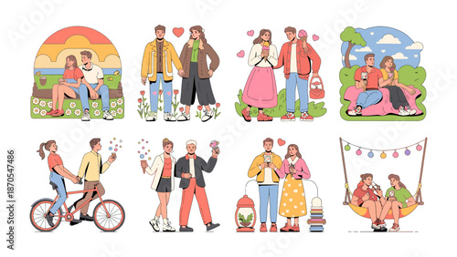 Couples in Love: A series of charming illustrations that portrays the joys of companionship, sharing intimate moments together, depicting a heartwarming celebration of togetherness and affection.