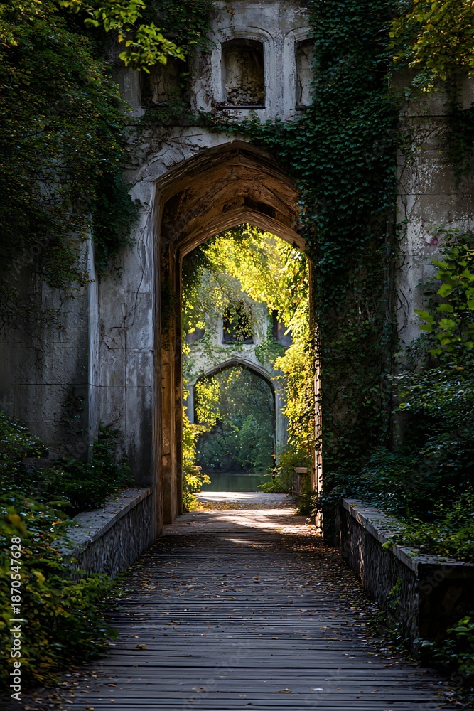Obraz premium Overgrown ancient stone gateway opens onto a sunlit path leading toward water in a dense forest setting.