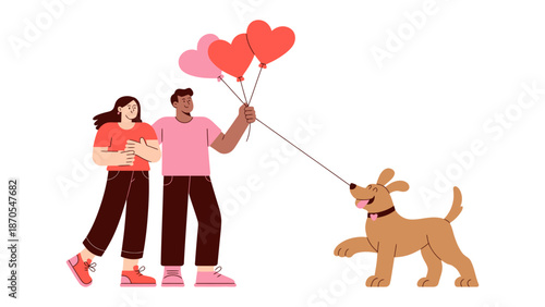 Love's Leisure: A couple strolls with their joyful canine companion, a cluster of heart-shaped balloons, symbolizing the love and happiness, the joy they share.
