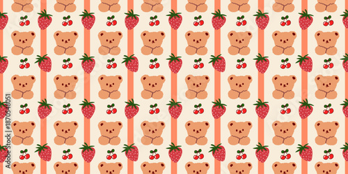 A hilarious cartoon animal and children's design set, perfect for decorating a baby's room. Features a seamless background with cute strawberries and cherries.