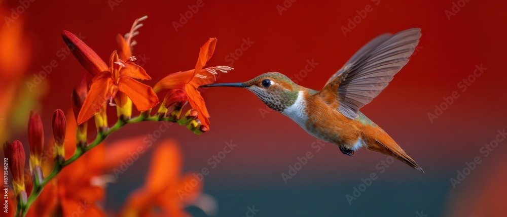 Fototapeta premium High-Quality Hummingbird Feeding on Vibrant Red Flowers at Sunset Authentic Nature Imagery for Marketing and Social Media