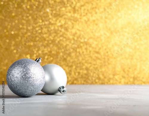 Ornaments on gray with gold glitter