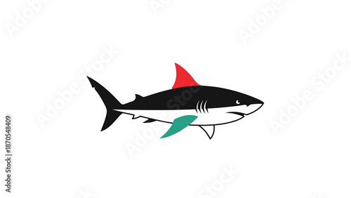 Black and white shark illustration with red fin and green accents on white background.