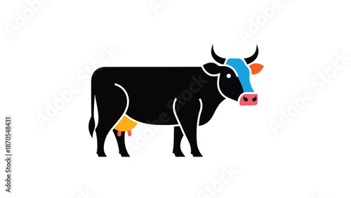 Black cow illustration with colorful details, a modern minimalist design.
