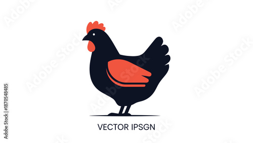Black chicken illustration with orange details on white background for design.