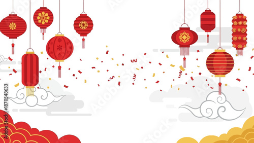 Vibrant red lanterns suspended above festive clouds with confetti in a joyful celebration