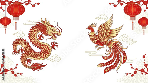 Dragon and Phoenix Illustration with Lanterns and Floral Motifs in Red and Gold
