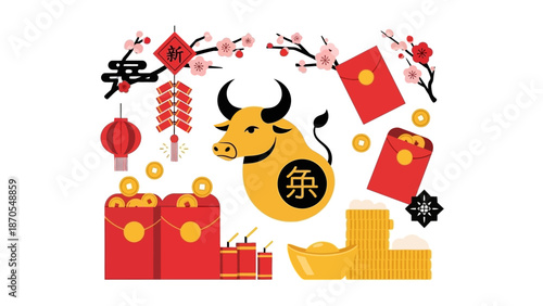 Celebrating Lunar New Year with Ox Symbol, Gifts, and Prosperity Elements in Vibrant Illustrations
