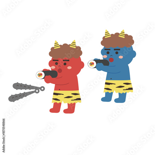 節分のイラスト素材　恵方巻を食べる鬼