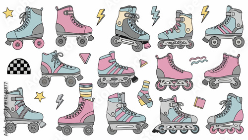 Set with roller skates icons. Sport and hobbies. Retro fashion style from 80s and 90s. Cute vector illustration in trendy colors. Hand drawn style.