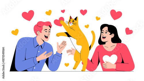 Loving Hearts with a Playful Cat: A tender moment unfolds as a couple shares an affectionate interaction with a lively cat, surrounded by the universal symbol of love.
