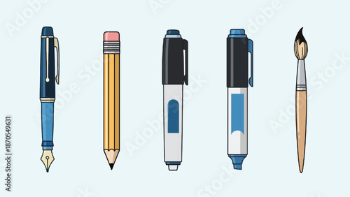 Collection of vector icons for writing and artistic tools: pen, pencil, marker, paintbrush