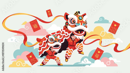 Vibrant Lion Dance Performance Amidst Festive Ribbons and Floating Red Envelopes, Capturing the Joyful Spirit of the Lunar New Year Celebration