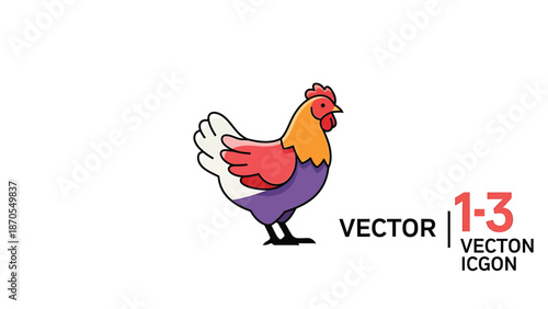 Colorful cartoon chicken illustration with vibrant feathers and a detailed comb, vector art.