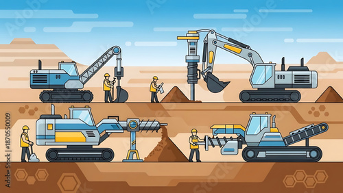 Industrial construction site panorama showcasing various stages of heavy earthwork operations with specialized machinery and skilled laborers engaged in excavation, drilling, and material processing