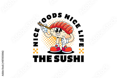 Sushi asian cuisine with rice and sashimi retro cartoon character illustration with standing, holding chopstick, thumb up hand pose for restaurant, culinary, eatery mascots and merchandise