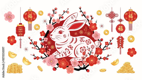 Happy Chinese New Year illustration featuring a white rabbit, cherry blossoms, lanterns, and traditional decorations for the Year of the Rabbit celebration