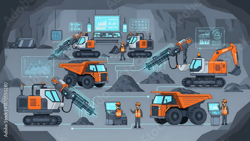 High-Tech Mining Industry Concept Illustrating Automated Excavation, Resource Transport, and Real-time Data Management for Underground Operations