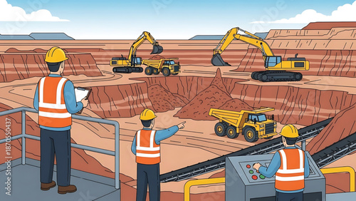 Mining operations with excavators and dump trucks engaged in earthworks, overseen by workers on site