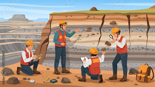 Geologists conducting a scientific field study, meticulously examining stratified rock and soil layers in an open-pit mine for geological research and mineral exploration