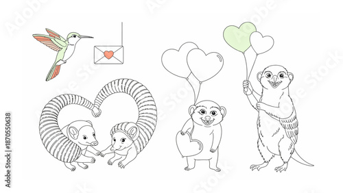 Whimsical animal collection for a love-filled day: Cute and adorable animal illustrations. Featuring endearing animals and elements of love, creating a captivating scene. 