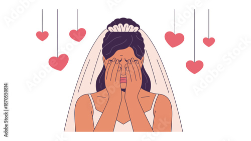 Crying Bride: A bride, overcome with emotion, covers her face with her hands, surrounded by floating heart, and evoking the complexities of love and commitment.