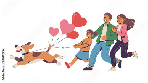 Joyful Family Outing with Beloved Dog: A cheerful family enjoys a fun outing with their playful dog, hearts floating above as a testament to their love, unity, and shared adventure.
