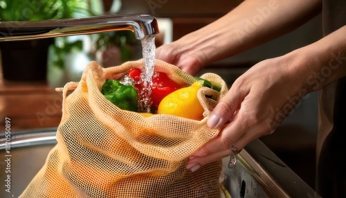 Washing fresh vegetables in a reusable produce bag.