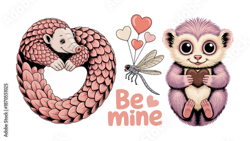Love's Sweet Companions: Enchanting illustration featuring a loving pangolin, a whimsical monkey, a delicate dragonfly, and a charming array of heart-shaped balloons.