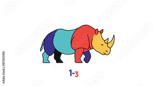 Colorful rhinoceros illustration showcasing vibrant hues and segmented design on white background.