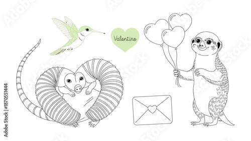 Valentine's Day Line Art: A charming illustration depicts heartwarming scenes of love, perfect for conveying romantic feelings. The design showcases delightful elements in a charming style.