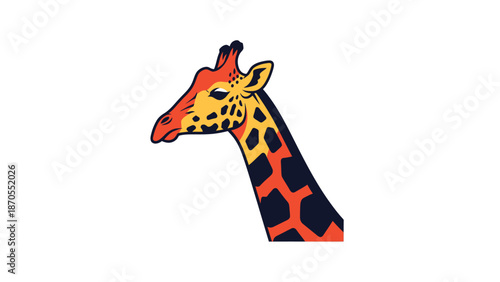 Detailed illustration of a giraffes head and neck against a white background.