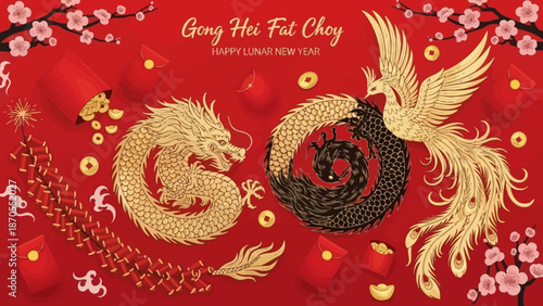 Golden Dragon and Phoenix intertwined in a yin yang symbol, celebrating Lunar New Year with red envelopes and firecrackers