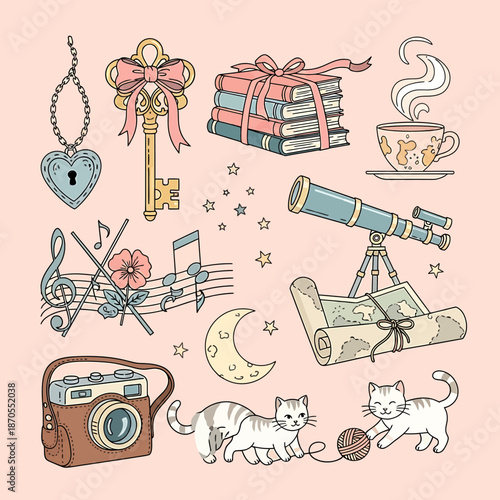 Collection of charming vintage objects and whimsical elements on a light background.