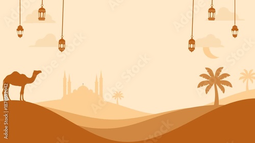 Ramadan Kareem Animated Background with Hanging Lanterns and Desert Silhouette