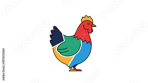 Colorful rooster illustration, vibrant bird with detailed feathers and a striking appearance, isolated on white.