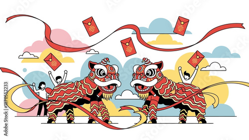 Celebratory Lion Dance Performance with Red Envelopes and Streamers