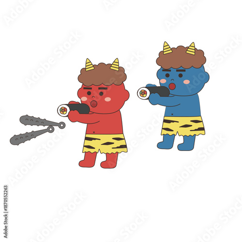 節分のイラスト素材　恵方巻を食べる鬼